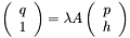 \[ \left(\begin{array}{c} q \\ 1 \end{array}\right) = \lambda A \left(\begin{array}{c} p \\ h \end{array}\right) \]