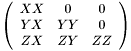 $ \left(\begin{array}{ccc} XX & 0 & 0 \\ YX & YY & 0 \\ ZX & ZY & ZZ \end{array}\right) $