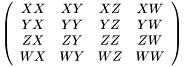 \[ \left(\begin{array}{cccc} XX & XY & XZ & XW \\ YX & YY & YZ & YW \\ ZX & ZY & ZZ & ZW \\ WX & WY & WZ & WW \end{array}\right) \]